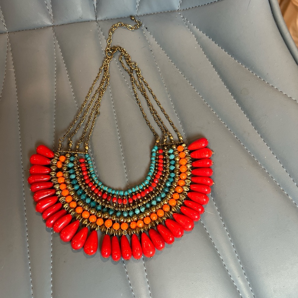 Vintage 80’s Boho Multi-Row Red, Turquoise & Orange Statement Necklace